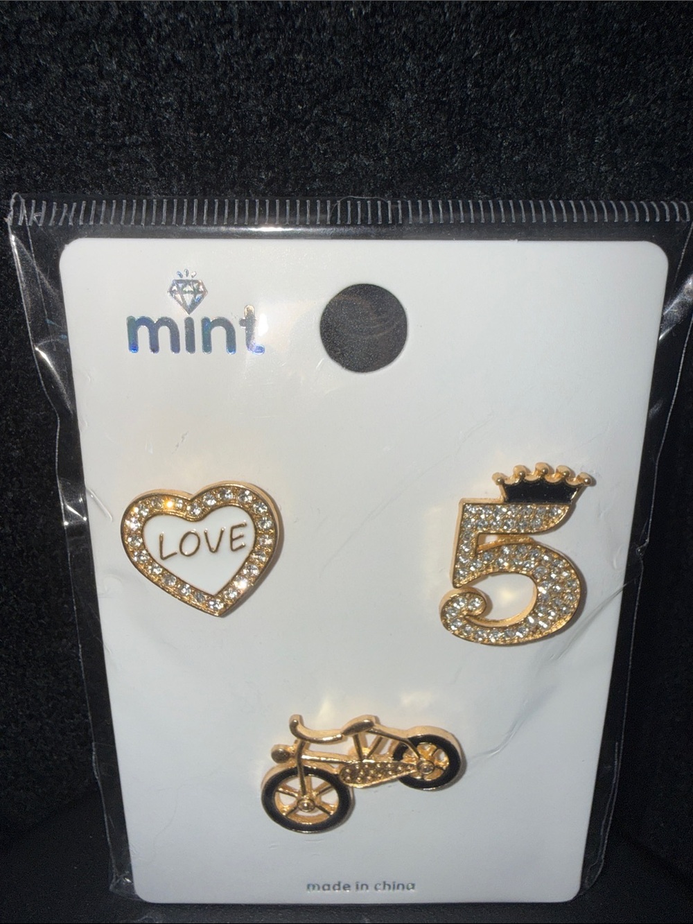 Mint Gold-Tone Glitter Heart 'LOVE', Number 5 & Bicycle Kids Earring Trio